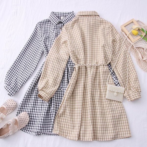 

casual dresses dress women plaid college style leisure classi turn-down collar student vintage high-waist lace-up long sleeve spring clothin, Black;gray