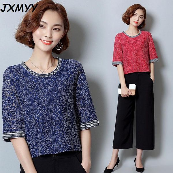 

women's t-shirt korean style round neck lace elegant short hook flower hollow six-point sleeve fashion slim 2021 jxmyy, White