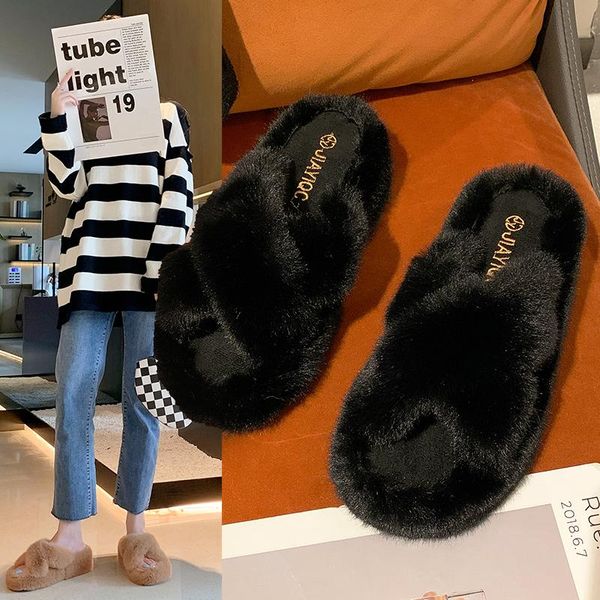 

slippers fur shoes woman's luxury slides flock winter footwear platform loafers med plush 2021 massage flat designer rome fashio, Black