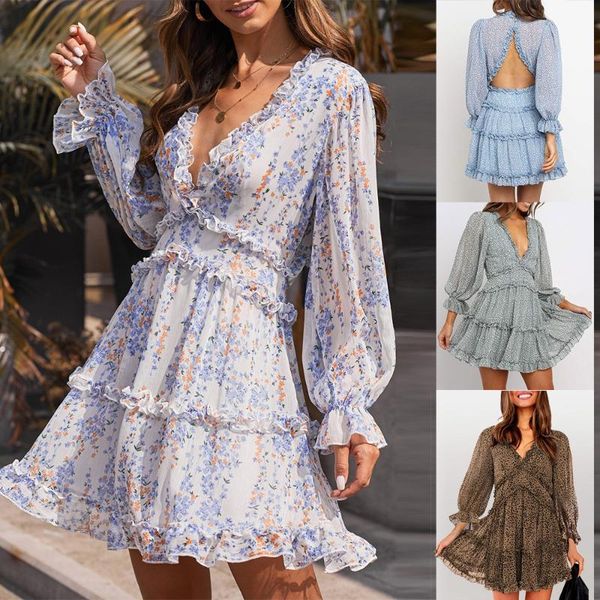 

-coming spring summer holiday dress deep v-neck tunic open back flower beach style knee-length women dresses puff sleeve casual, Black;gray