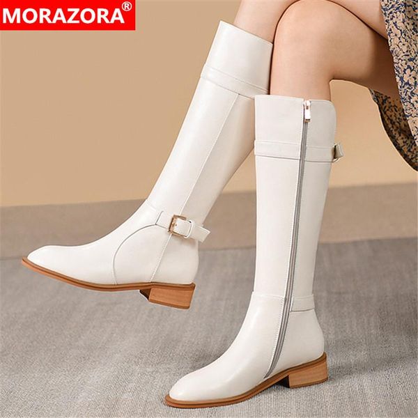 

boots morazora 2022 black genuine leather shoes women riding round toe zip buckle low heels fashion knee high