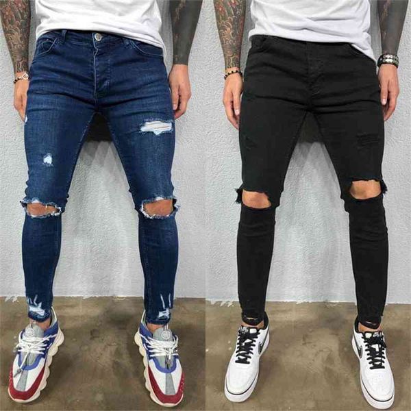 

2020 men's pierced elastic leg jeans, Blue