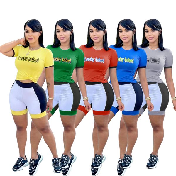 

summer women tracksuits shorts sleeve fashion letters casual splicing 2 piece jogger sets yoga outfits gym clothes plus size sportwear, Gray