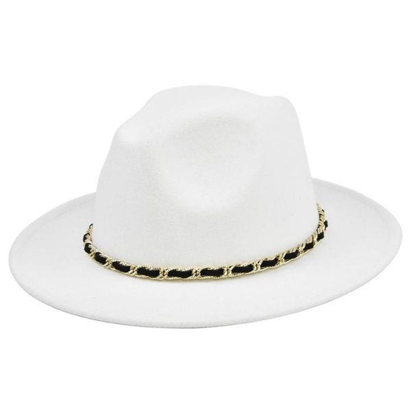 

wide brim hats fedora for women men thick gold chain band felted jazz cap four seasons panama camel white, Blue;gray