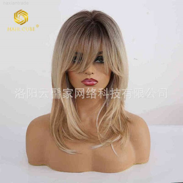 

wig female wigs long hair gradient gold heaear net red style, Black;brown