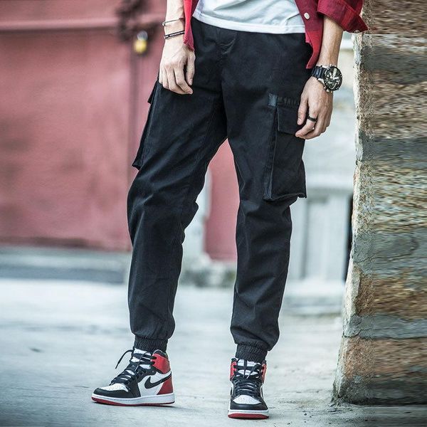 

men's pants 2021 loose nine-point cargo korean fashion trend wild spring sports casual overalls kargo pantolon erkek, Black