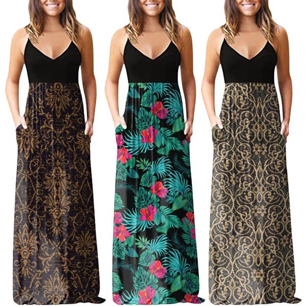 

casual dresses women maxi dress plus size summer boho printed long sleeveless v-neck clothes loose vestido #t1q, Black;gray