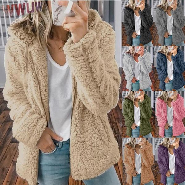 

women's fur & faux winter coat fleece lapel women hooded fluffy jacket lamb plush thick casual loose solid color overcoat futro, Black