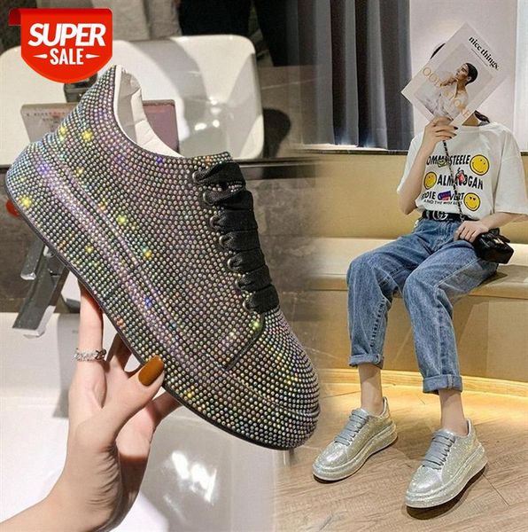 

amanno full diamond platform shoes women's sports white gradient rhinestone board #nu4p