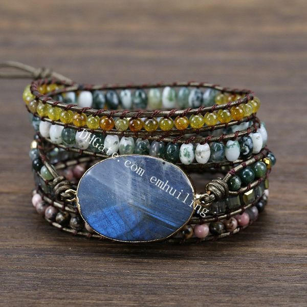 Mulheres Boho Pedra Natural Envoltório Strands Braceletes Ajustável Labradorite Tower Point Charme Ágate Rhodonite Gemstone Barrel Rodada Quadrado Beads Bohemia Pulseira