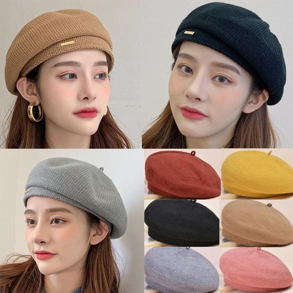 

berets women wool for elegant lady winter female cotton hats plaid vintage simple casual autumn girl knitted cap, Blue;gray