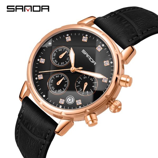 

wristwatches sanda 2021 women watches quartz wristwatch fashion waterproof leather clock calendar relogio feminino p1038, Slivery;brown