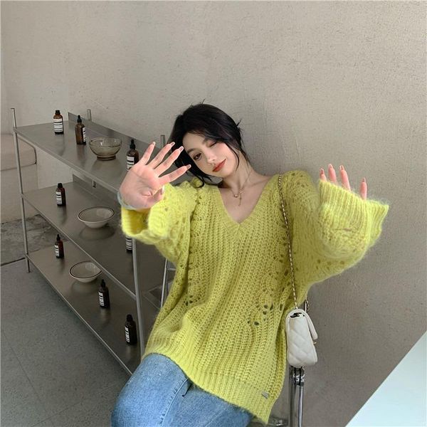 

women's sweaters korean clothes v-neck oversized sweater fashion brand hollow out autumn winter knitted pullovers female yellow loose, White;black