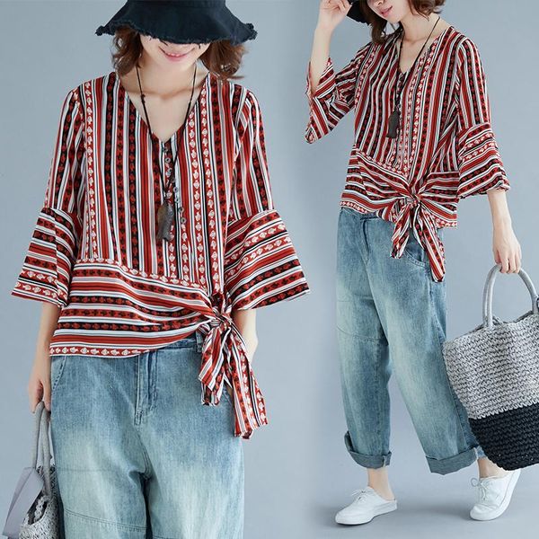 

women's t-shirt summer 2021 three quarter sleeve art plus stripe loose v-neck flare tees, White