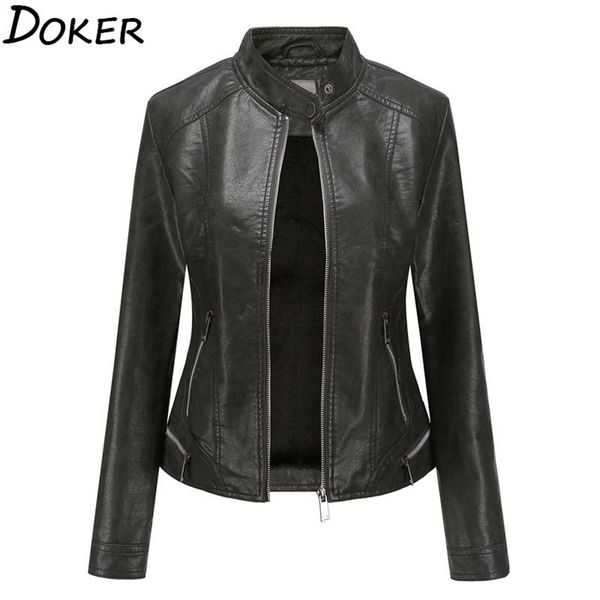 

autumn winter faux leather jacket long sleeve fashion plus velvet warm zipper blazer lady size outerwear 210604, Black