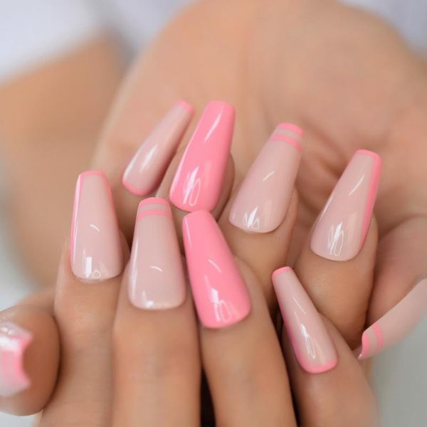 

false nails medium long girly pink fake glossy gel tips 12 sizes acrylic nail coffin press on 24pc, Red;gold