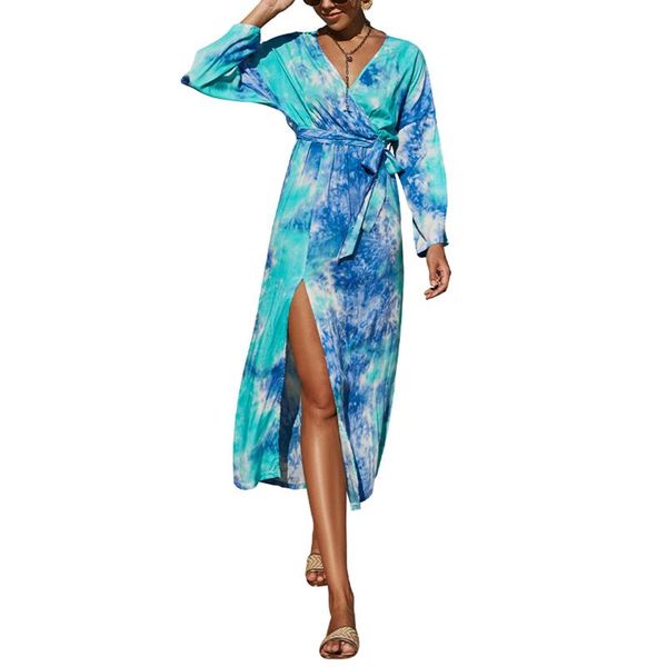 

casual dresses women summer long dress 2021 female sleeve with waist belt for tie-dyed v-neck split maxi, Black;gray