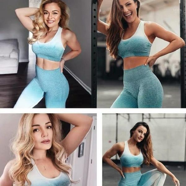 

yoga outfit 2 pcs knitted gradient high waist pants bra set with cut-crop workout women sports leggings
