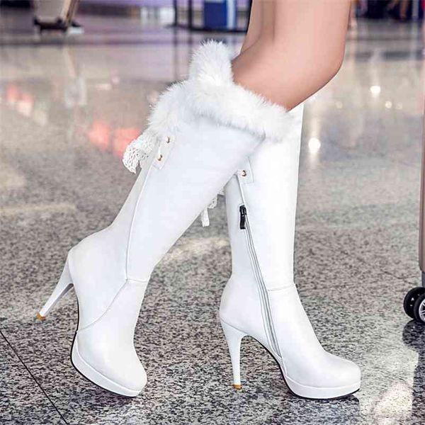 

fashion knee high boots women's winter boots thick high heel long boots round slip on spring autumn shoes woman black white 210914