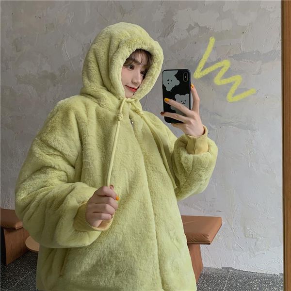 

women's fur & faux lucyever green hooded coat women 2021 winter warm casual furry coats korean style solid plush jackets, Black