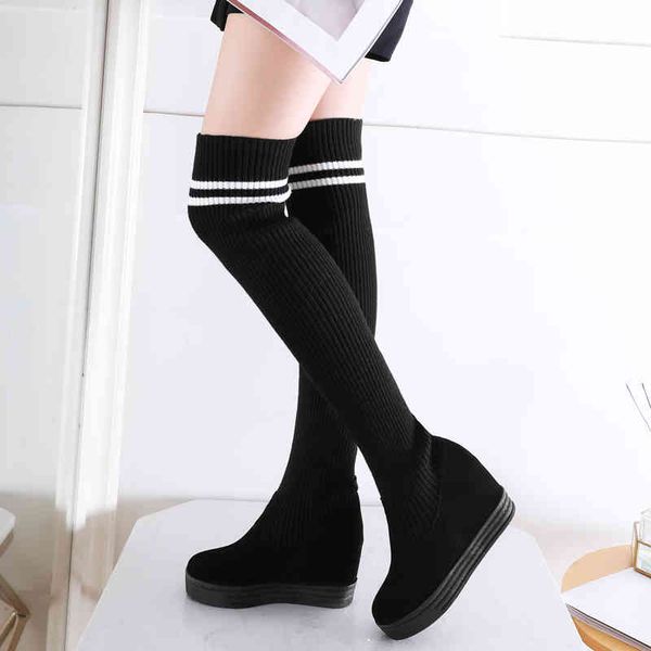 

elastic slim spring socks boots women platform fashion wedge thigh high boots spring knitted sock wedge shoes girls black 210428