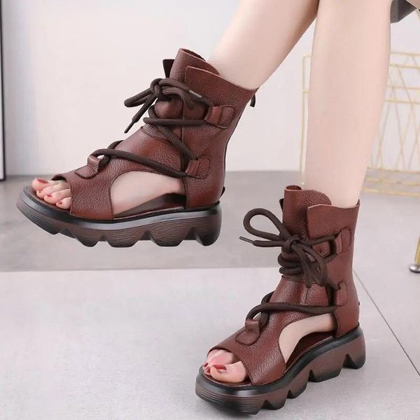 

sandals muma cowhide slope with roman shoes summer boots strap leather 2021 european and american trendy high-retro women's sand, Black