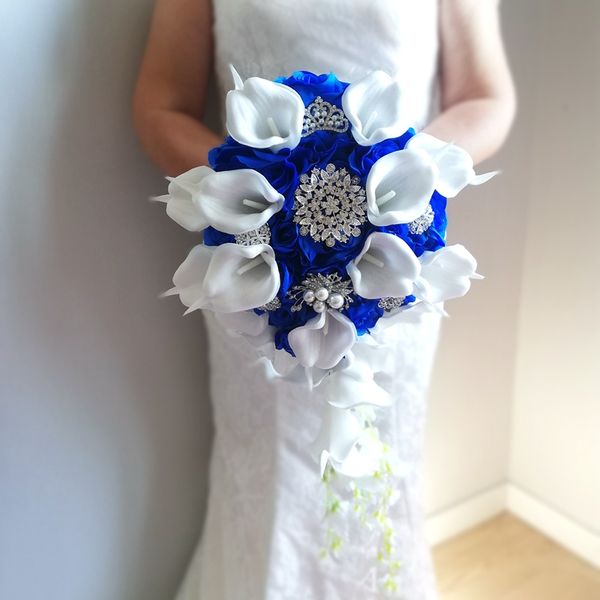 

2021 new royal blue roses with white calla lily wedding flowers waterfall style bridal bouquet for bridecascading fleur artificielle dropshi