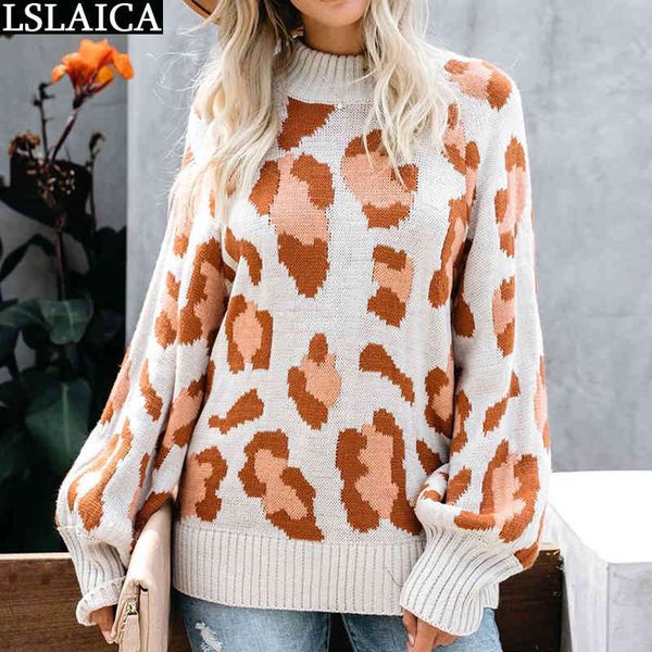 Women Sweater Fashion Leopard Stampa manica lunga o collo inverno vintage pultwork casual patchwork femme chandails 210520