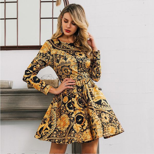 

spring nightcb style gold short skirt printed round neck long sleeve elegant s, Black;gray