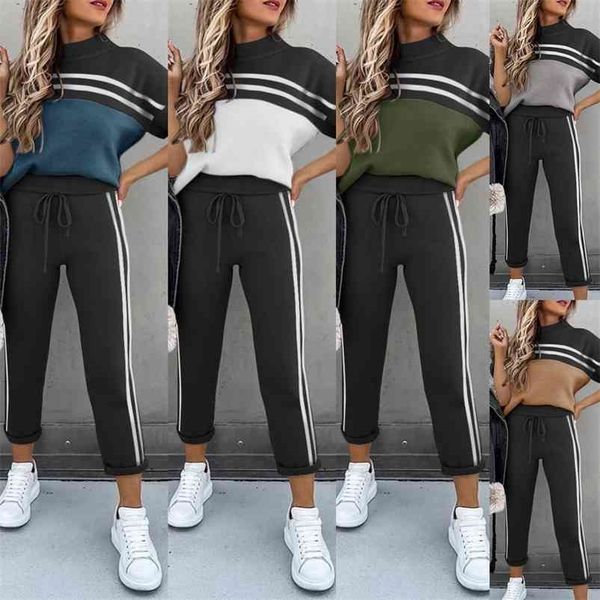 

women summer casual loose 2 piece set side stripes drawstring design pockets decor mid waist long pants+o-neck short sleeve 210520, White