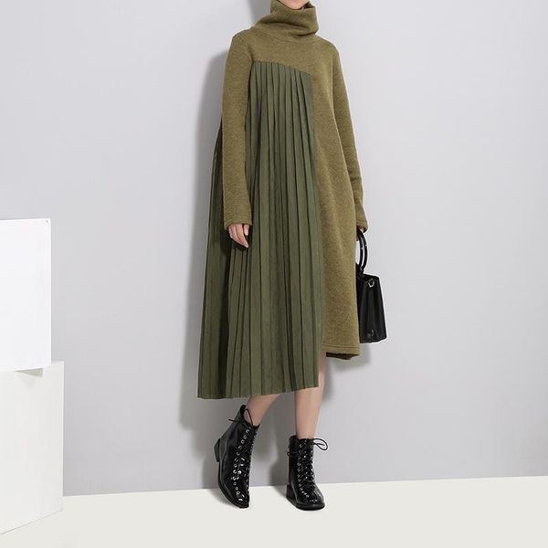 

casual dresses 2021 winter women green pleated sweater dress patchwork long sleeve turtleneck lady irregular style robe femme, Black;gray