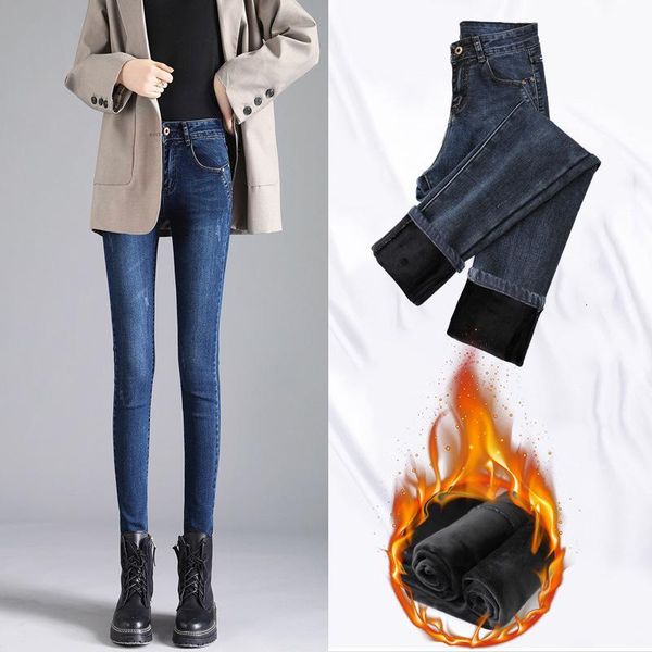 

women's jeans xisteps women thick velvet female skinny stretch trousers pencil pants ladies winter warm denim leggings bl3a, Blue