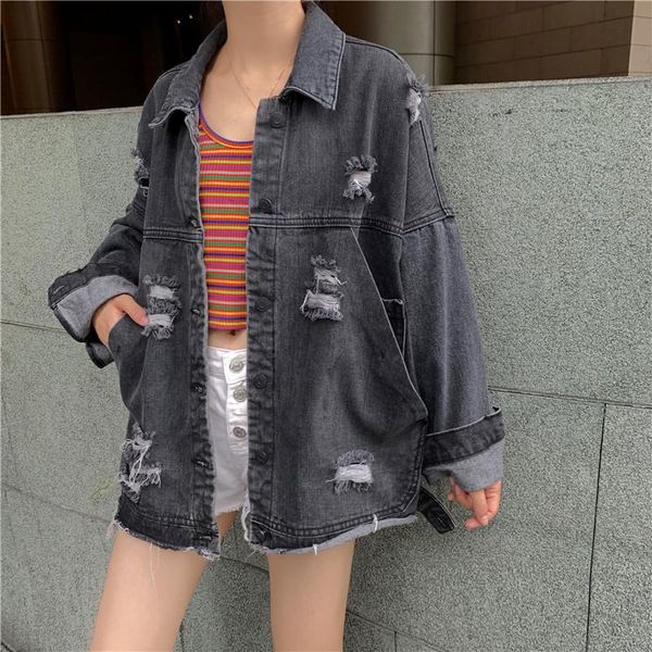 

women's jackets ripped hole vintage streetwear fashion denim jeans autumn spring winter punk loose coat harajuku women man hip hop outw, Black;brown