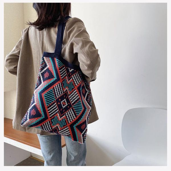 

evening bags female daily handbag lady knitting gypsy bohemian chic aztec tote bag women crochet casual open shopper shoulder