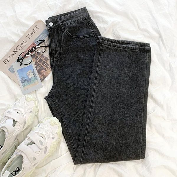 

women's jeans smoke black high waist straight, Blue