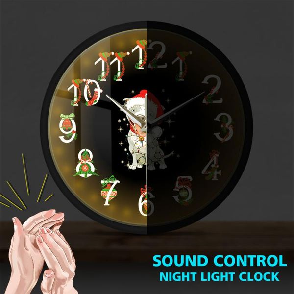 

holiday dog breed pitmas wall clock with led illumination merry christmas voice control watch lover gift clocks