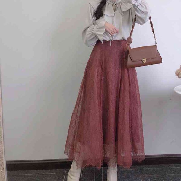 

elegant lace patchwork solid long skirt women high waist a line slim jupe femme spring summer ankle-length mujer faldas 210514, Black