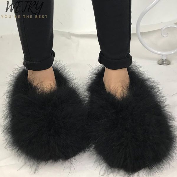 

boots winter women snow genuine real hairy ostrich feather furry fur flats plush warm ski outdoor shoes botte, Black