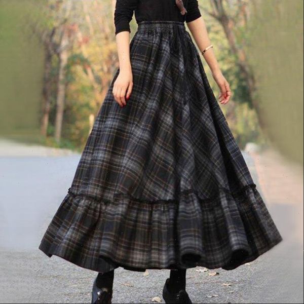 

ins fashion plus size plaid women skirts long clothing autumn winter, Black