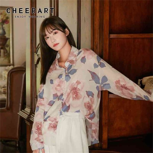 

oil painting pink floral long sleeve and blouse loose button up collar shirt fall women korean fashion clothes 210427, White
