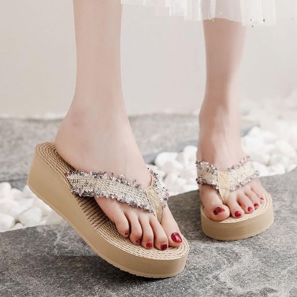 

slippers summer flip-flops simple women comfortable weave beach breathable sandals home outdoor slipper wedges shoes zapatilla mujer, Black