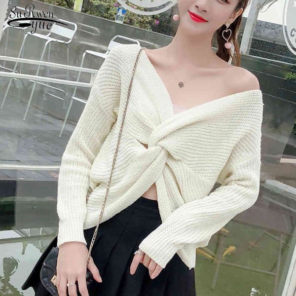 

autumn women's sweaters slim deep v collar knitted women solid pullovers pull femme 1112 90 210508, White;black