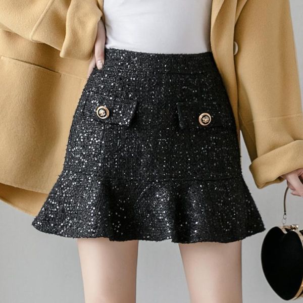 

skirts sequin skirt autumn and winter woolen wrapped hip high waist fishtail bling short female, Black
