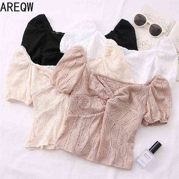

summer's fashionable kinky slimmed-down bubble-sleeved short lace shirt t-shirt for the woman 210507, White