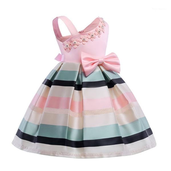 

girl's dresses summer girl princess dress flower off shoulder bow striped party wear kids prom gown formal yh-171, Red;yellow