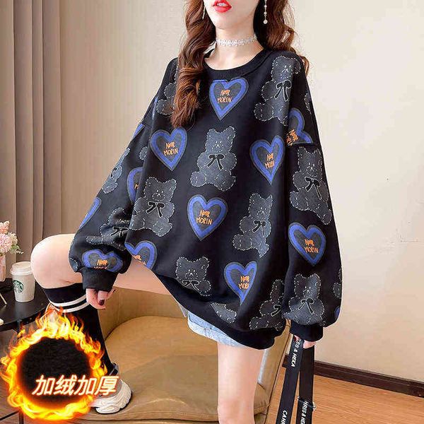 

women's hoodi sweatshirts autumn and winter 2022 korean loose large cartoon love print plush thickened warm round neck sweater women&#0, Black
