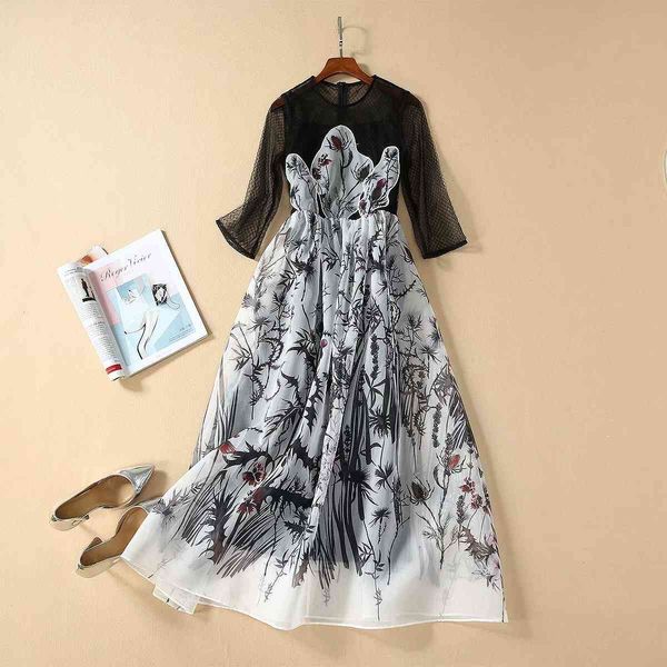 

casual dresses european and american women's clothes spring style round collar with seven - minute sleeve gauze mosaic printing dress 9, Black;gray