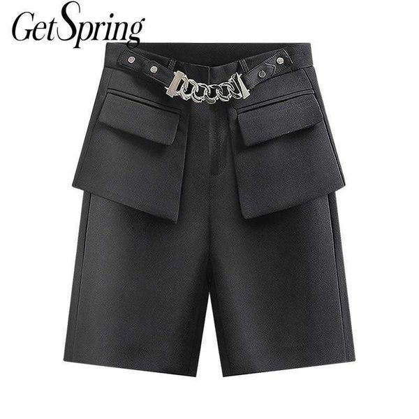 

getspring women pant chain patchwork casual knee length pants all match vintage black high waist cargo fashion 210601, Black;white