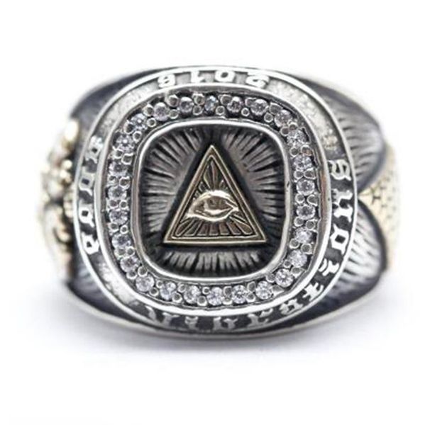 

cluster rings men's fashion vintage mens ring engraved god eye paved cz stone personality biker, Golden;silver