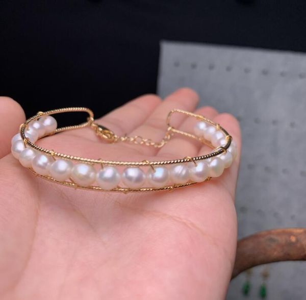 

14k gold wrapped handmade bangle freshwater pearl hand row tennis, Golden;silver